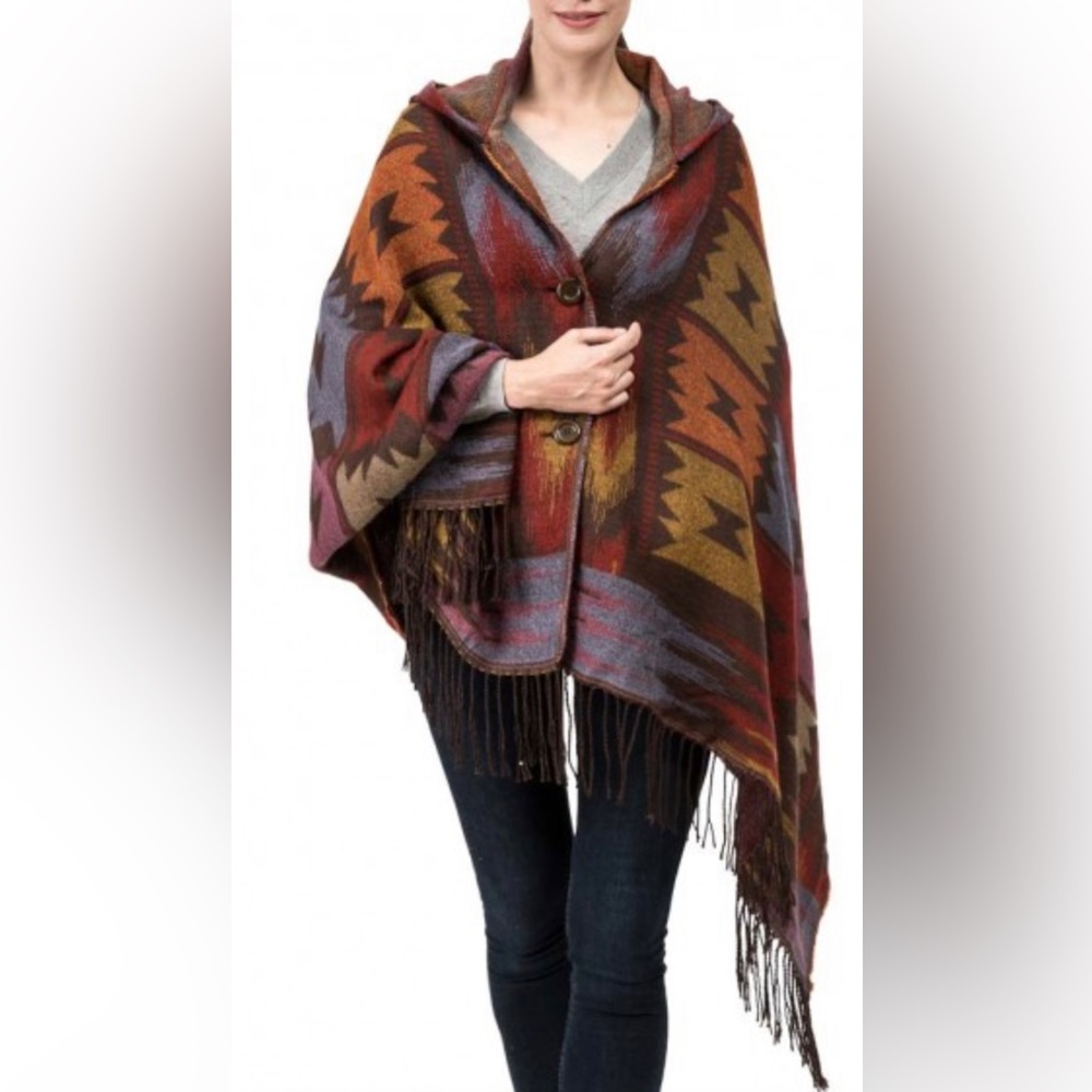 eUty Women Oversized Patterned Poncho w/Hoodie with 2 Button Closure and Tassels